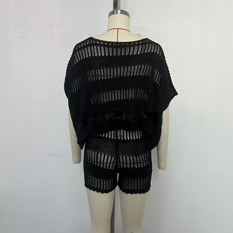 Женская вязание крючком вязать из двух частей Beach Cover Up Короткий рукав Топ с шортами